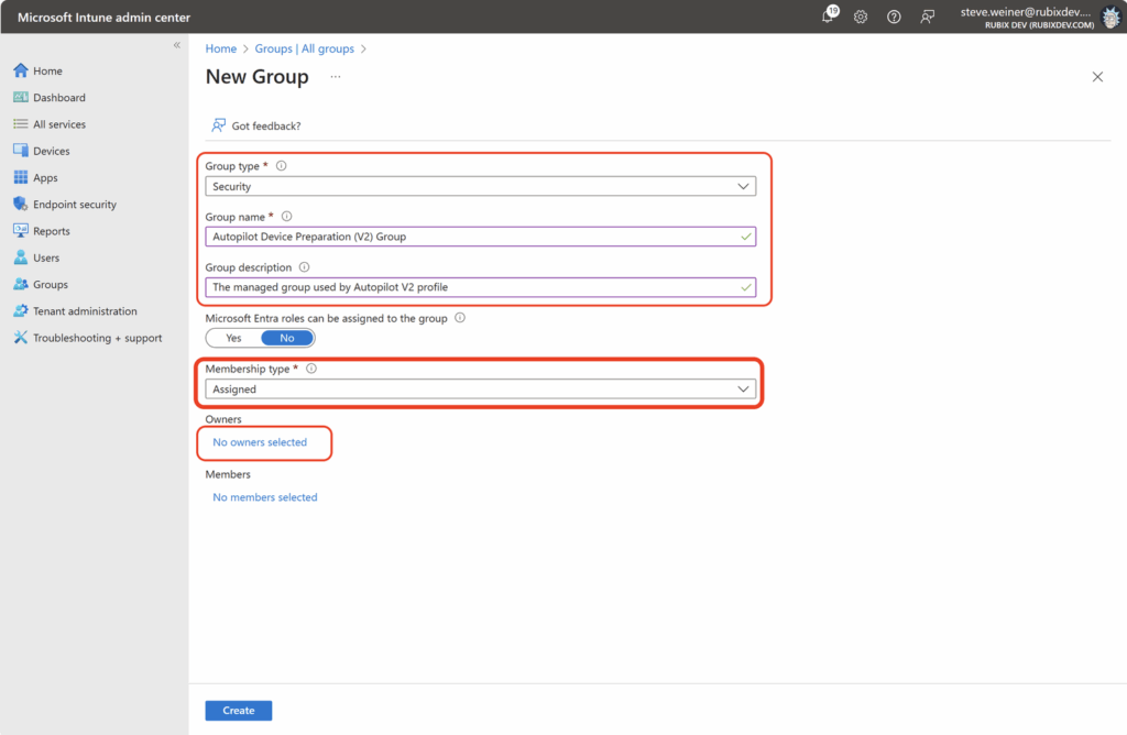 Screenshot 5 zur Windows Autopilot Device Preparation: Fülle die folgenden Felder aus: