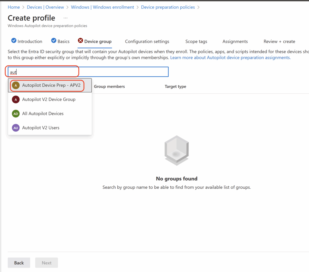 Screenshot 11 zur Windows Autopilot Device Preparation: Gerätegruppe
