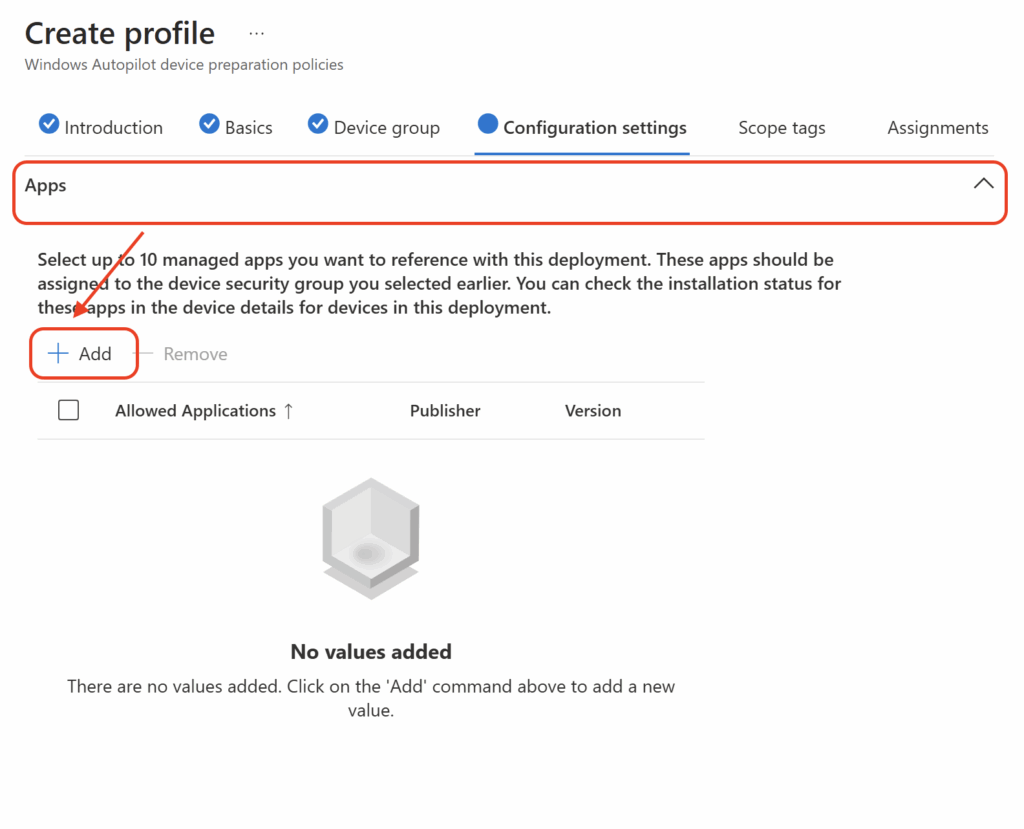 Screenshot 14 zur Windows Autopilot Device Preparation: Apps