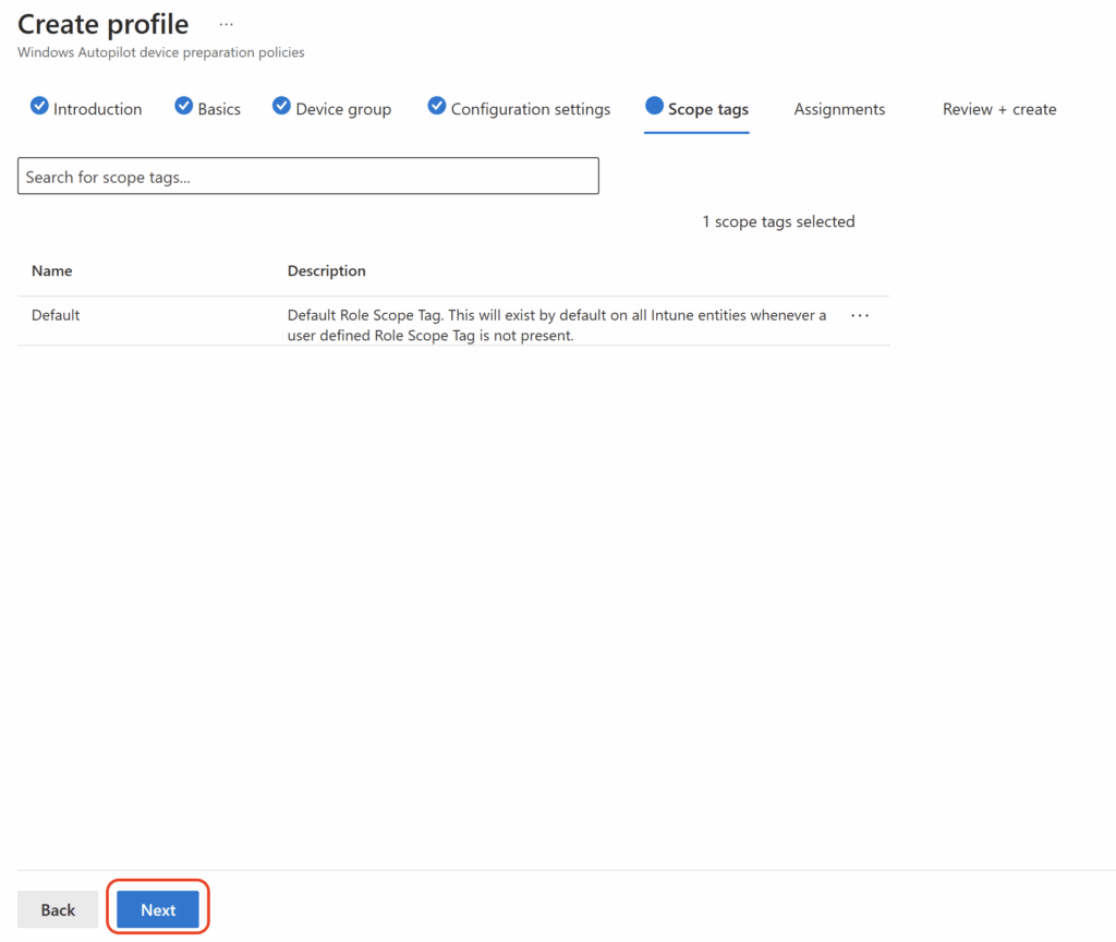 Screenshot 20 zur Windows Autopilot Device Preparation: Bereichstags (Scope Tags)